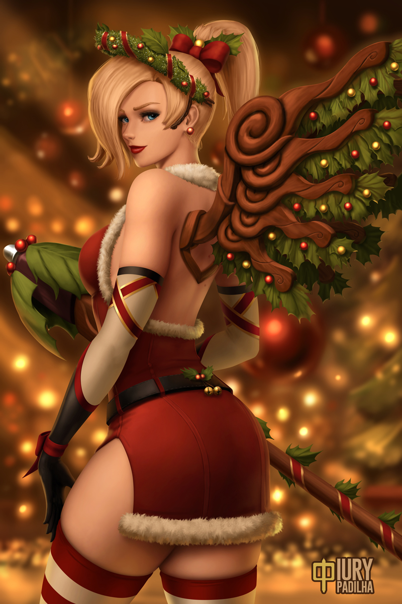 1girl alternate_wings artist_name ass bell belt black_belt black_gloves blonde_hair blue_eyes blurry blurry_background breasts brown_wings christmas christmas_lights christmas_ornaments cowboy_shot dress earrings elbow_gloves from_behind fur_trim gloves head_wreath high_ponytail highres iury_padilha jewelry jingle_bell light_smile looking_at_viewer looking_back medium_breasts mercy_(overwatch) overwatch pink_lips red_dress red_legwear red_ribbon ribbon sleeveless sleeveless_dress solo striped striped_legwear stud_earrings thigh-highs white_legwear wings