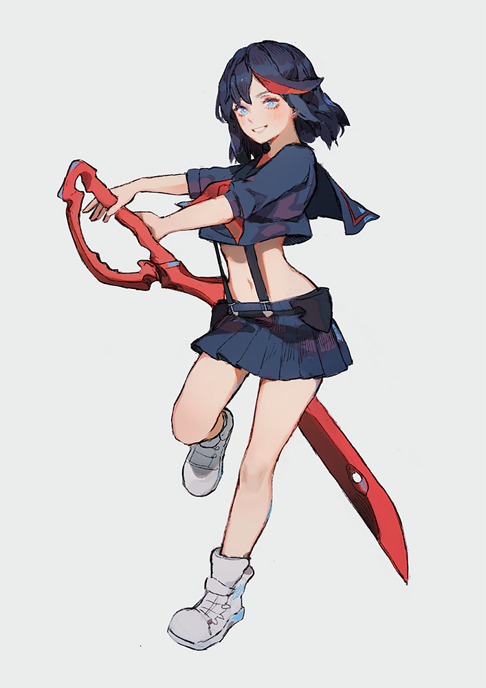 1girl black_hair black_sailor_collar black_shirt black_skirt blue_eyes blush boots full_body grey_background grey_footwear grin highlights holding holding_sword holding_weapon jiayue_wu kill_la_kill leg_up matoi_ryuuko midriff miniskirt multicolored_hair navel neckerchief pleated_skirt red_neckwear sailor_collar school_uniform shirt short_hair simple_background skirt smile solo standing standing_on_one_leg stomach suspender_skirt suspenders sword weapon