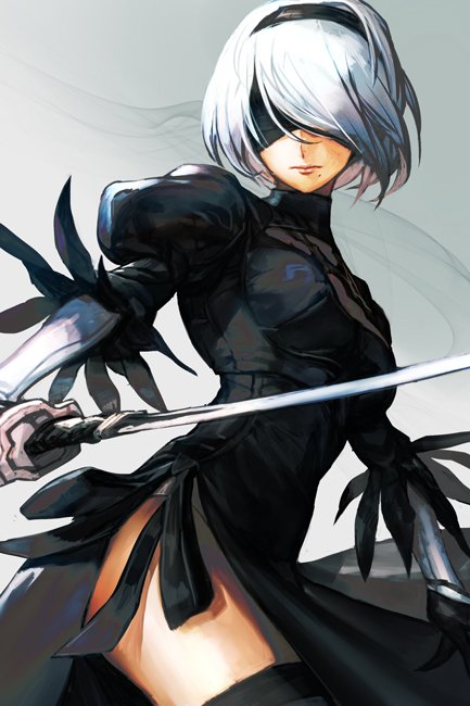 1girl android black_blindfold black_hairband black_legwear blindfold breasts covered_eyes cowboy_shot feather-trimmed_sleeves grey_background hairband hankuri holding holding_sword holding_weapon juliet_sleeves long_sleeves mole mole_under_mouth nier_(series) nier_automata puffy_sleeves silver_hair solo sword thigh-highs weapon yorha_no._2_type_b