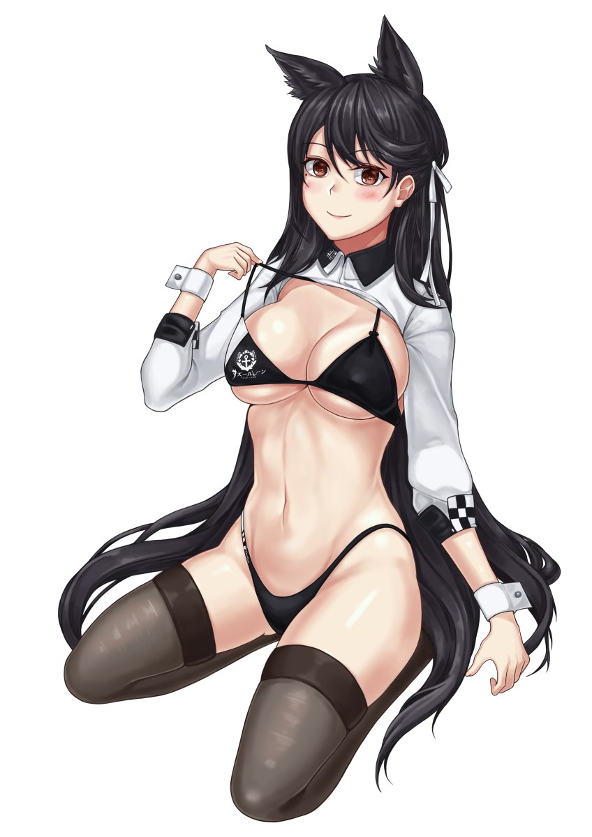 1girl alternate_costume animal_ears atago_(azur_lane) azur_lane bangs bikini black_bikini black_hair black_legwear blush breasts brown_eyes cleavage closed_mouth commentary_request cropped_jacket extra_ears hair_ribbon highleg highleg_bikini highres jacket large_breasts logo long_hair looking_at_viewer mole mole_under_eye navel racequeen ribbon shiny shiny_skin sidelocks sitting skindentation sleeve_cuffs smile solo sum_ku swept_bangs swimsuit thigh-highs thighs white_background white_ribbon wrist_cuffs