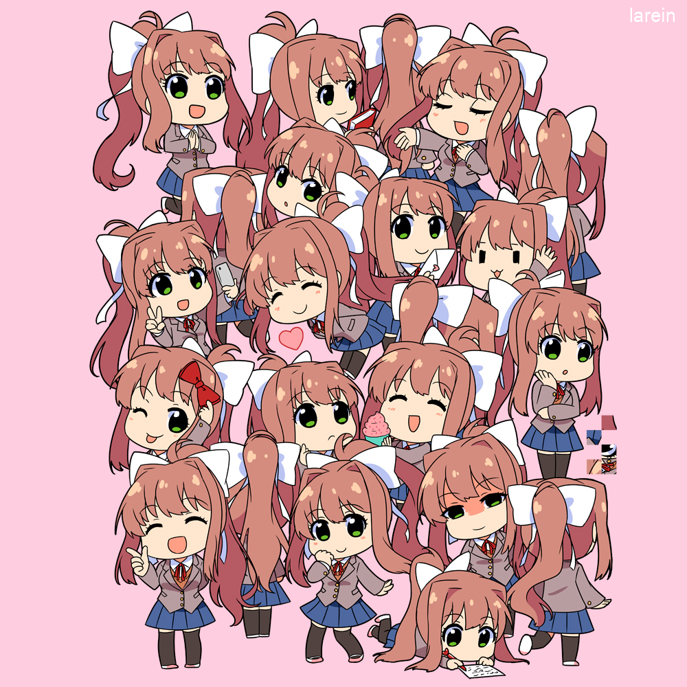 6+girls :3 :d :o ;p ^_^ artist_name black_legwear blue_skirt book bow brown_hair chibi closed_eyes closed_eyes commentary cupcake doki_doki_literature_club english_commentary eyebrows_visible_through_hair facing_away facing_viewer food glitch green_eyes hair_bow hair_ribbon heart index_finger_raised jacket lareindraws letter long_hair looking_at_another looking_at_viewer looking_away love_letter monika_(doki_doki_literature_club) multiple_girls multiple_persona one_eye_closed open_mouth pen pink_background ponytail red_bow ribbon school_uniform self_shot shaded_face simple_background skirt smile thigh-highs tongue tongue_out v very_long_hair white_ribbon writing |_|