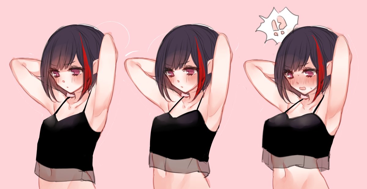 !? 1girl armpits arms_behind_head arms_up bang_dream! bangs bare_arms bare_shoulders black_hair blush camisole chino_machiko closed_mouth commentary crop_top embarrassed eyebrows_visible_through_hair groin hands_up mitake_ran multicolored_hair multiple_views navel open_mouth pink_background pink_eyes short_hair simple_background stomach streaked_hair sweatdrop symbol_commentary upper_body variations