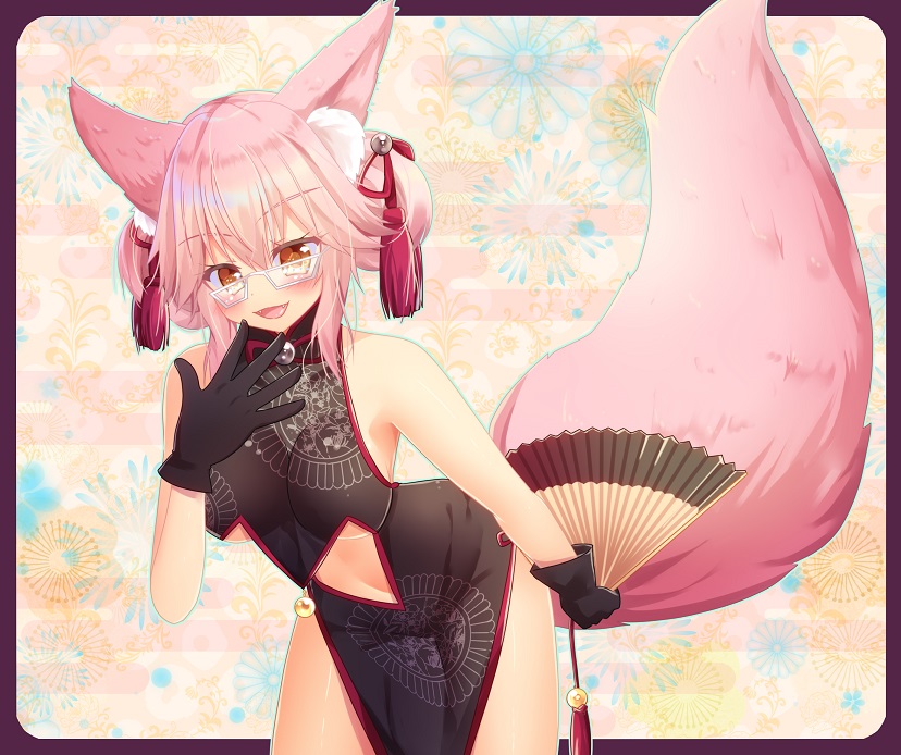 1girl alternate_hairstyle animal_ears bare_shoulders black_gloves blush breasts china_dress chinese_clothes cleavage_cutout dress eyebrows_visible_through_hair fan fangs fate/grand_order fate_(series) fox_ears fox_tail glasses gloves hiiro_yuya holding holding_fan koyanskaya large_breasts looking_at_viewer navel open_mouth pink_hair sleeveless sleeveless_dress smile solo stomach tail tamamo_(assassin)_(fate) tamamo_(fate)_(all) under_boob yellow_eyes