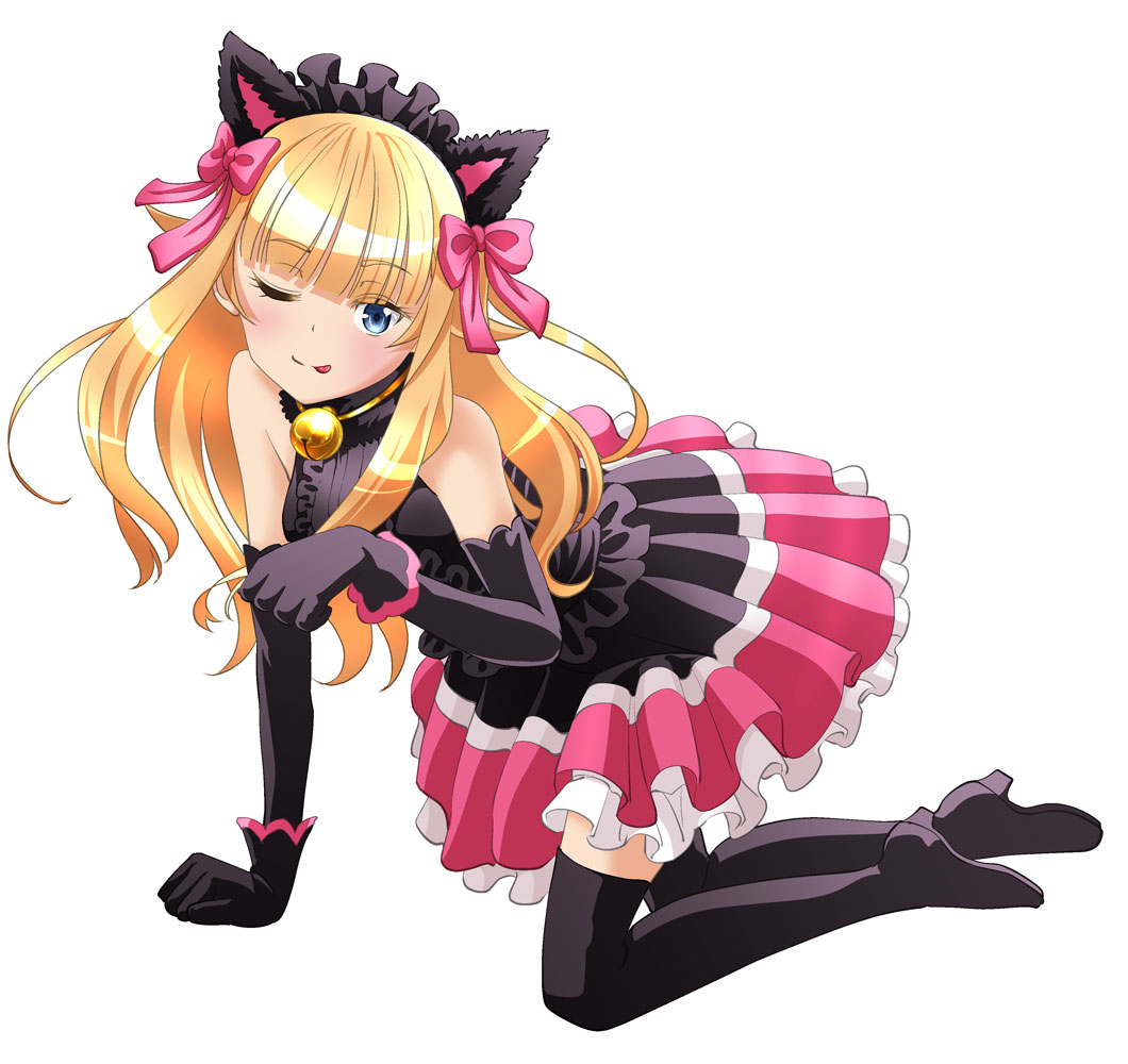 1girl ;p all_fours animal_ears arm_support bangs bell bell_collar black_footwear black_gloves black_shirt blonde_hair blue_eyes blunt_bangs boots collar elbow_gloves eyebrows_visible_through_hair fake_animal_ears floating_hair full_body gloves layered_skirt long_hair looking_at_viewer maid_headdress miniskirt one_eye_closed princess_(princess_principal) princess_principal shiny shiny_hair shirt simple_background skirt sleeveless sleeveless_shirt solo taniguchi_gou thigh-highs thigh_boots tongue tongue_out white_background