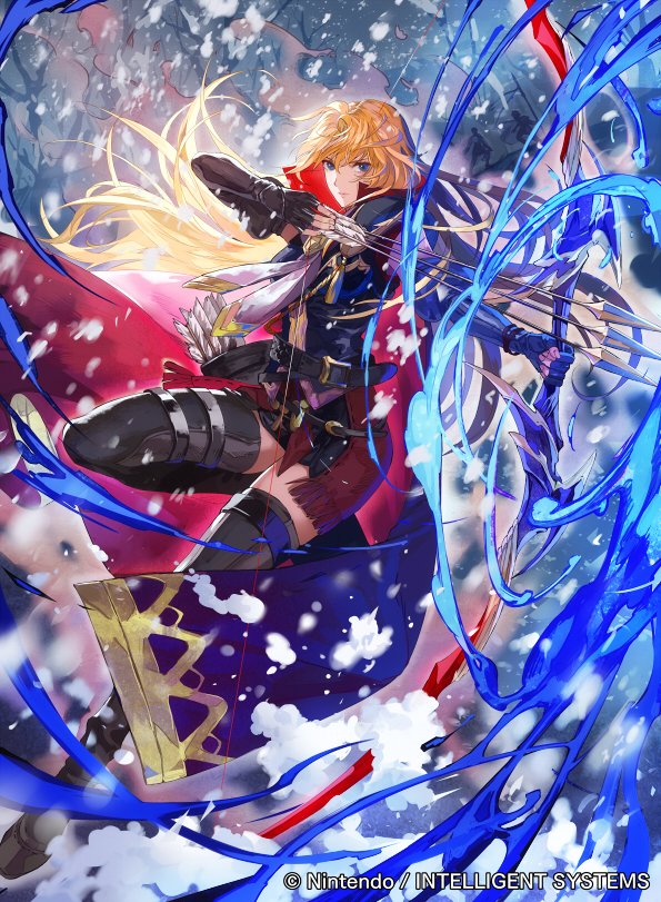 1girl armor arrow bangs blonde_hair boots bow_(weapon) cape closed_mouth company_connection copyright_name elbow_gloves fingerless_gloves fingernails fire_emblem fire_emblem:_mystery_of_the_emblem fire_emblem_cipher gloves holding holding_bow_(weapon) holding_weapon kuraine leg_up long_hair looking_at_viewer mayo_(becky2006) miniskirt nintendo official_art quiver simple_background skirt sleeveless thigh-highs thigh_boots weapon zettai_ryouiki