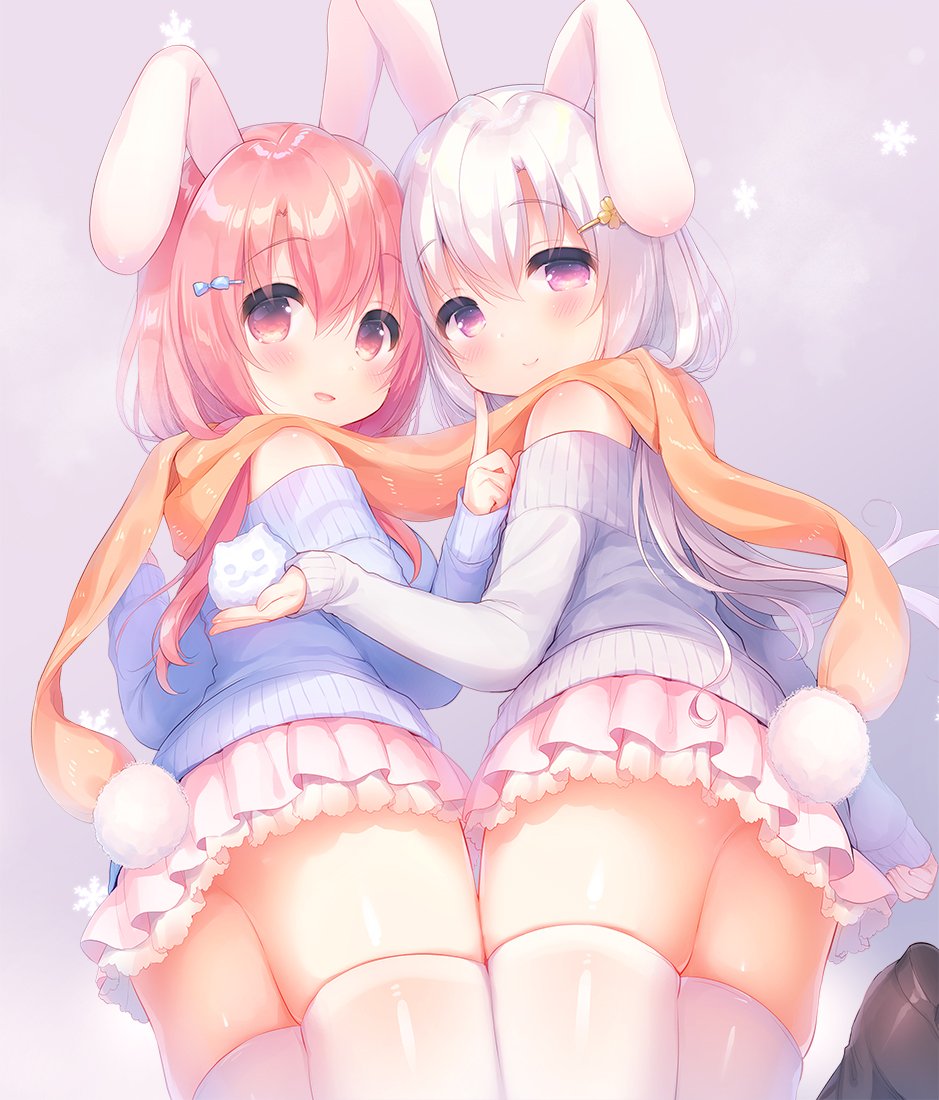 2girls :d animal_ears ass bangs bare_shoulders blue_sweater blush brown_footwear bunny_girl bunny_tail closed_mouth commentary_request eyebrows_visible_through_hair grey_sweater hair_between_eyes hair_ornament hairclip index_finger_raised long_hair long_sleeves looking_at_viewer looking_back multiple_girls off-shoulder_sweater open_mouth orange_scarf original pink_skirt pleated_skirt rabbit_ears red_eyes redhead sakura_(usashiro_mani) scarf shared_scarf shoe_soles silver_hair skindentation skirt sleeves_past_wrists smile snow snowflakes standing standing_on_one_leg sweater tail thigh-highs usashiro_mani very_long_hair violet_eyes white_legwear