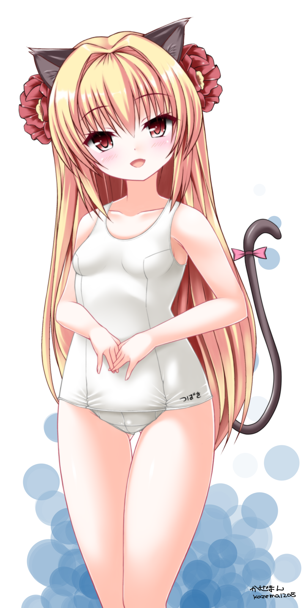 1girl :d animal_ears bangs bare_arms bare_shoulders blonde_hair blush bow breasts cat_ears cat_girl cat_tail collarbone commentary_request copyright_request eyebrows_visible_through_hair fang flower gluteal_fold hair_between_eyes hair_flower hair_ornament head_tilt highres kaze_makase long_hair looking_at_viewer old_school_swimsuit open_mouth own_hands_together pink_bow red_eyes red_flower school_swimsuit sidelocks signature small_breasts smile solo swimsuit tail tail_bow thigh_gap very_long_hair virtual_youtuber white_background white_school_swimsuit white_swimsuit