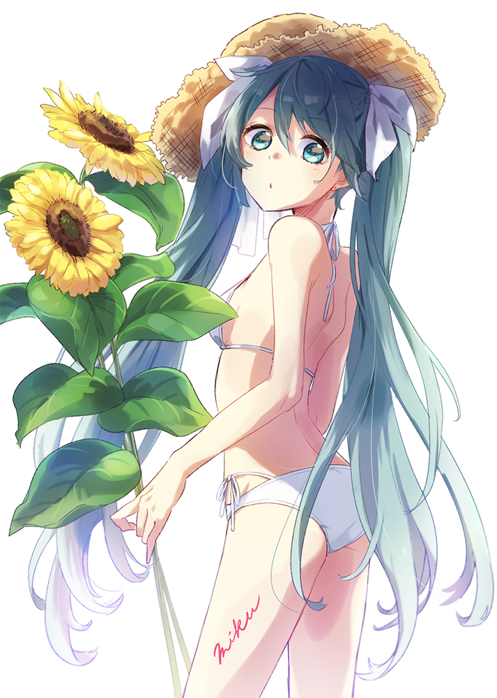 1girl aqua_eyes aqua_hair ass back bikini body_writing breasts character_name chiigo flower hair_between_eyes hair_ribbon halterneck hat hatsune_miku long_hair looking_at_viewer looking_back ribbon side-tie_bikini sideboob simple_background small_breasts solo straw_hat sun_hat sunflower swimsuit very_long_hair vocaloid white_background white_bikini white_ribbon