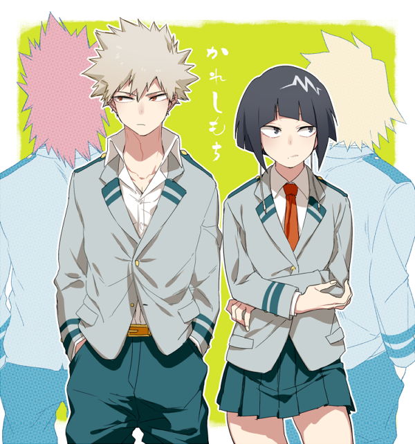 1girl 3boys bakugou_katsuki black_eyes black_hair blonde_hair blue_pants blue_skirt boku_no_hero_academia border brown_hair earlobes grey_jacket hands_in_pockets jacket jirou_kyouka kaminari_denki kirishima_eijirou light_frown maneki-neko_(fujifuji) multiple_boys necktie pants pleated_skirt red_eyes red_neckwear redhead school_uniform short_hair skirt spiky_hair translation_request u.a._school_uniform white_border yellow_background