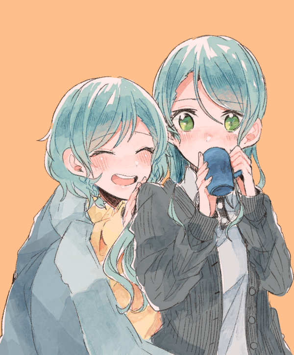 2girls ^_^ aqua_hair bang_dream! black_jacket blanket blush closed_eyes closed_eyes collared_shirt cup drinking green_eyes grey_shirt hands_on_another's_shoulders hikawa_hina hikawa_sayo holding holding_cup itomugi-kun jacket long_hair long_sleeves mug multiple_girls open_mouth orange_background shirt short_hair siblings side_braids simple_background sisters smile twins upper_body yellow_shirt