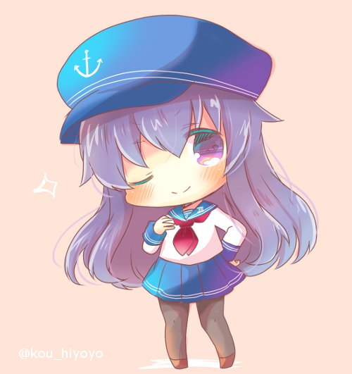 1girl ;) akatsuki_(kantai_collection) anchor_symbol bangs blue_hat blue_sailor_collar blue_skirt blush brown_background brown_footwear brown_legwear chibi closed_mouth commentary_request eyebrows_visible_through_hair flat_cap full_body hair_between_eyes hand_up hat head_tilt kantai_collection kouu_hiyoyo long_hair long_sleeves neckerchief one_eye_closed pantyhose pleated_skirt purple_hair red_neckwear sailor_collar school_uniform serafuku shirt skirt smile solo sparkle standing twitter_username very_long_hair violet_eyes white_shirt