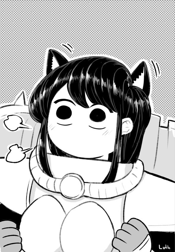 1girl =3 animal_ears armor blush cat_ears commentary crossover ear_wiggle english_commentary gloves greyscale halftone komi-san_wa_komyushou_desu long_hair lutherniel monochrome no_mouth outline signature sister_of_battle solo upper_body warhammer_40k white_outline wide-eyed