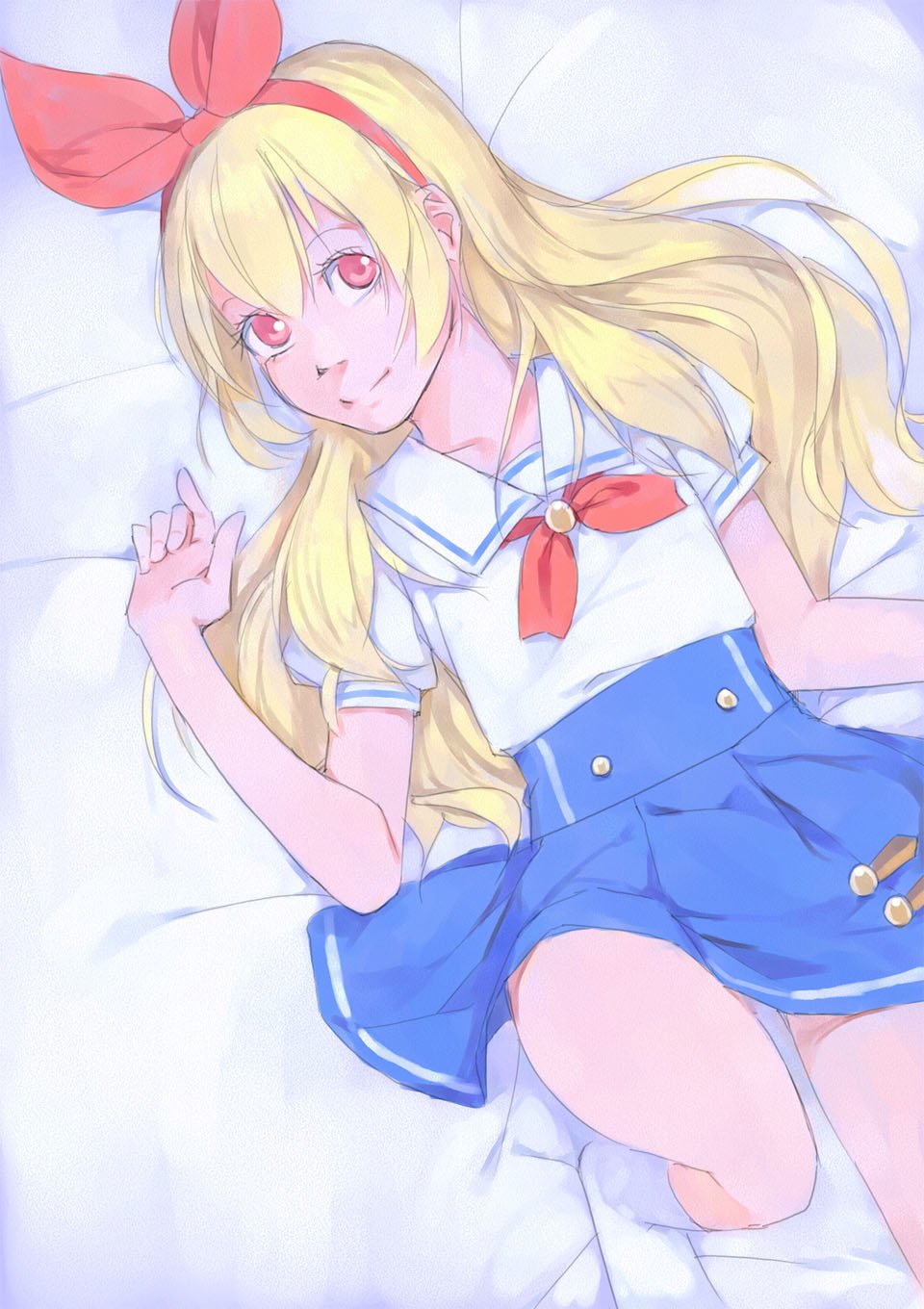 1girl aikatsu! aikatsu!_(series) akinbo_(hyouka_fuyou) bed_sheet blonde_hair blue_skirt bow bowtie collarbone from_above hair_between_eyes hair_bow hairband highres hoshimiya_ichigo long_hair looking_at_viewer lying miniskirt on_back pleated_skirt red_bow red_eyes red_hairband red_neckwear sailor_collar shirt short_sleeves skirt smile socks solo white_legwear white_sailor_collar white_shirt