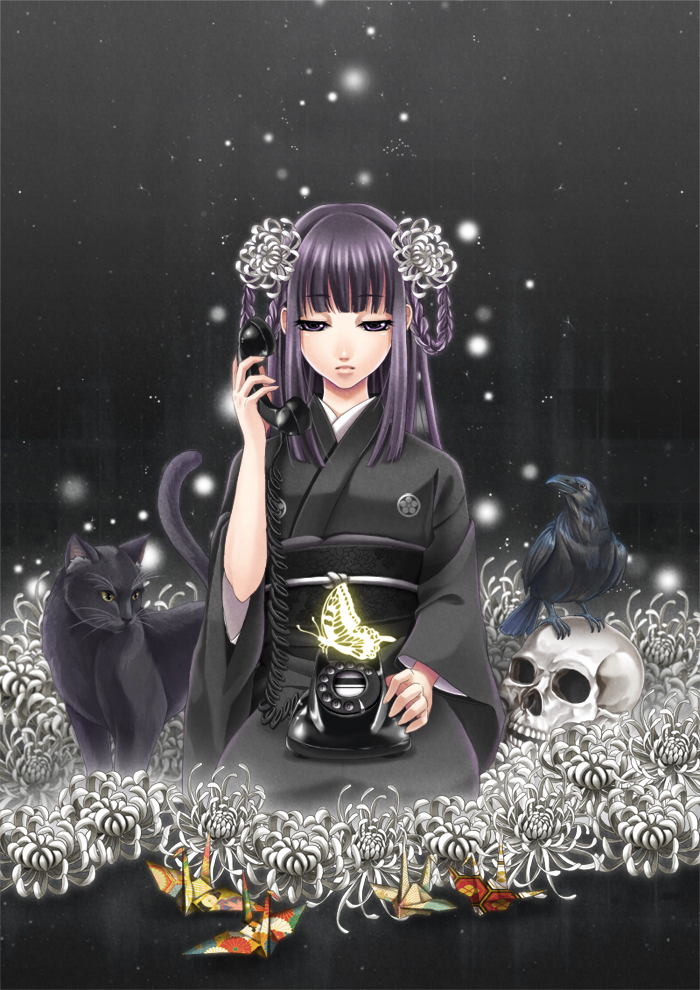 1girl bird black_background black_kimono bug butterfly cat crow dress funeral_dress funeral_kimono hair_ornament holiday-jin insect japanese_clothes kimono origami original paper_crane phone