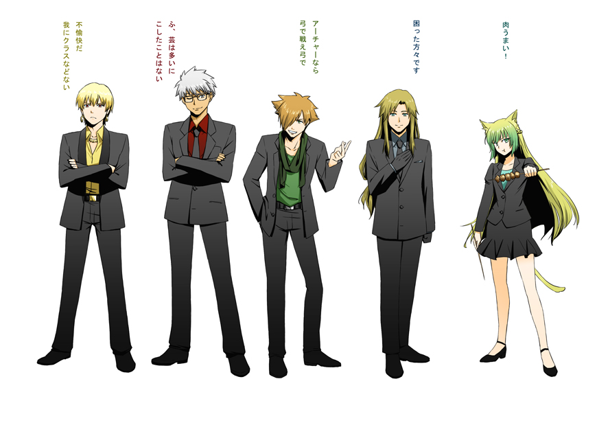 1girl 4boys archer atalanta_(fate) bespectacled blonde_hair brown_hair chiron_(fate) crossed_arms dango fate/apocrypha fate/extra fate/stay_night fate/zero fate_(series) food formal gilgamesh glasses green_hair multiple_boys necktie one_eye_closed petite robin_hood_(fate) scarf shimaneko skirt_suit suit wagashi white_hair