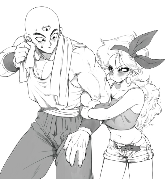 1boy 1girl bald bare_arms bare_shoulders belt blush couple dragon_ball dragon_ball_(classic) gloves greyscale hair_ribbon hetero kinjuu_(hariharitt) locked_arms long_hair looking_at_another lunch_(dragon_ball) monochrome muscle nervous ribbon shirt shorts simple_background sleeveless sleeveless_shirt standing stomach sweat sweatdrop tank_top tenshinhan thighs third_eye towel towel_around_neck upper_body white_background