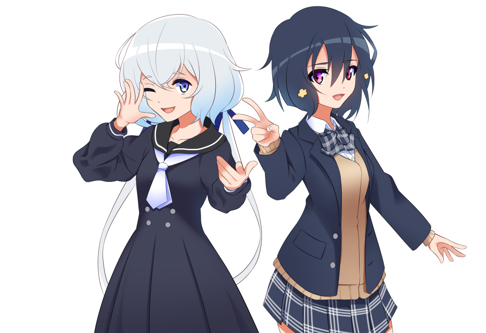 2girls akitsu_tombo black_hair blazer blue_eyes bow hair_between_eyes hair_ornament jacket konno_junko long_hair looking_at_viewer low_twintails mizuno_ai multiple_girls plaid plaid_bow plaid_skirt pleated_skirt school_uniform short_hair silver_hair skirt smile twintails v zombie_land_saga