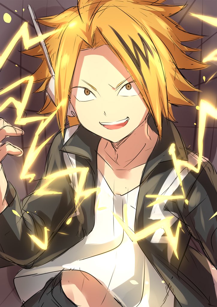 1boy :d bangs black_jacket boku_no_hero_academia earphones electricity hand_up jacket kaminari_denki looking_at_viewer male_focus open_clothes open_jacket open_mouth orange_hair parted_bangs sanpaku sekina shirt sketch smile solo upper_body white_shirt yellow_eyes