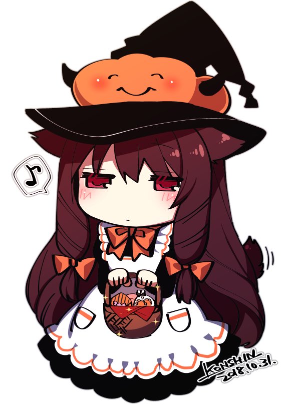 1girl apron basket black_hat blush bow bowtie brown_hair candy chibi closed_mouth commentary dated ears_down food full_body hair_bow hat holding holding_basket jack-o'-lantern jitome konshin long_hair musical_note orange_bow orange_neckwear original red_eyes signature simple_background solo sparkle spoken_musical_note symbol_commentary very_long_hair white_apron white_background