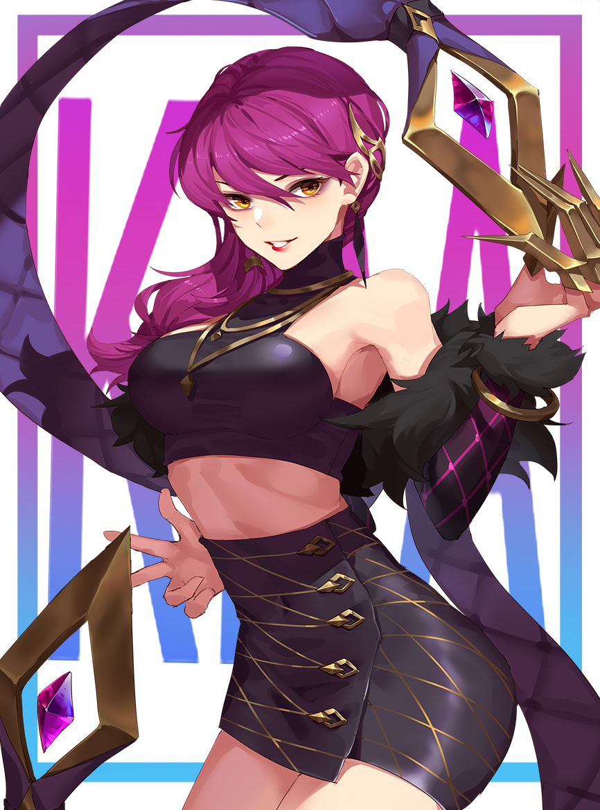 1girl bare_shoulders black_skirt breasts claws cowboy_shot evelynn fur_trim hair_ornament high-waist_skirt hips jewelry k/da_(league_of_legends) k/da_evelynn kan_(rainconan) league_of_legends lipstick long_hair looking_at_viewer makeup medium_breasts necklace off_shoulder parted_lips purple_hair red_lipstick side_ponytail skirt smile solo yellow_eyes