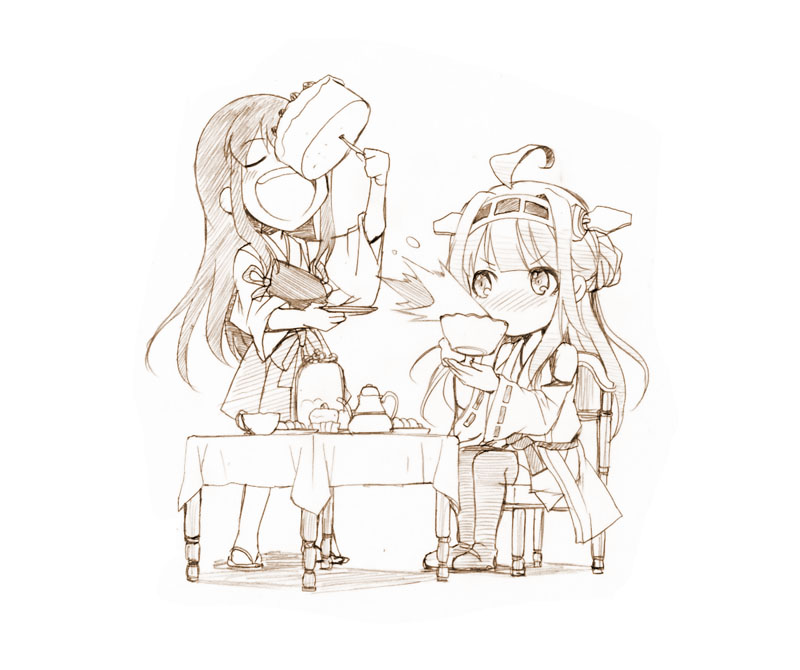 2girls :d ahoge akagi_(kantai_collection) bare_shoulders blush boots cake chair closed_eyes cup detached_sleeves double_bun food gekka_kaguya_(urabata) graphite_(medium) hairband hakama_skirt headgear holding holding_plate japanese_clothes kantai_collection kongou_(kantai_collection) long_hair multiple_girls nontraditional_miko open_mouth plate ribbon-trimmed_sleeves ribbon_trim sitting smile spit_take spitting table teacup teapot teeth thigh-highs thigh_boots traditional_media