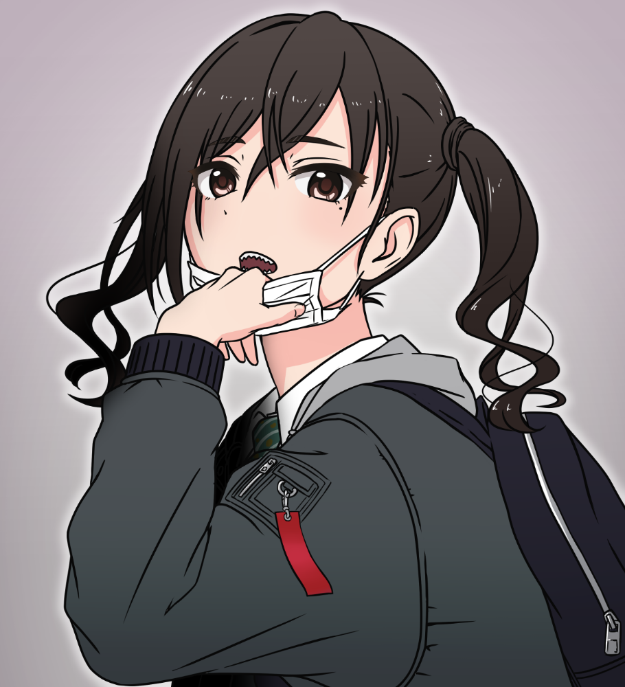 1girl :o backpack bag bangs black_jacket brown_eyes brown_hair eyebrows_visible_through_hair from_side green_neckwear grey_background hair_between_eyes hand_up hoshino_mitsuki idolmaster idolmaster_cinderella_girls jacket long_hair long_sleeves looking_at_viewer looking_to_the_side mask_pull mole mole_under_mouth open_mouth sharp_teeth shirt sidelocks simple_background solo striped striped_neckwear sunazuka_akira surgical_mask teeth twintails upper_body wavy_hair white_shirt