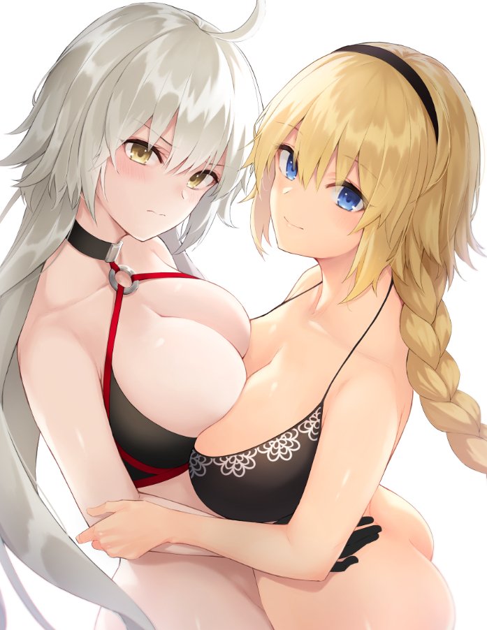 ahoge anza_tomo ass bangs bare_shoulders bikini black_bikini black_choker black_gloves blonde_hair blue_eyes blush breasts choker cleavage closed_mouth collarbone fate/grand_order fate_(series) gloves hair_between_eyes hairband hips jeanne_d'arc_(alter_swimsuit_berserker) jeanne_d'arc_(fate)_(all) jeanne_d'arc_(swimsuit_archer) large_breasts long_braid long_hair looking_at_viewer o-ring o-ring_bikini o-ring_top silver_hair simple_background smile swimsuit very_long_hair white_background yellow_eyes