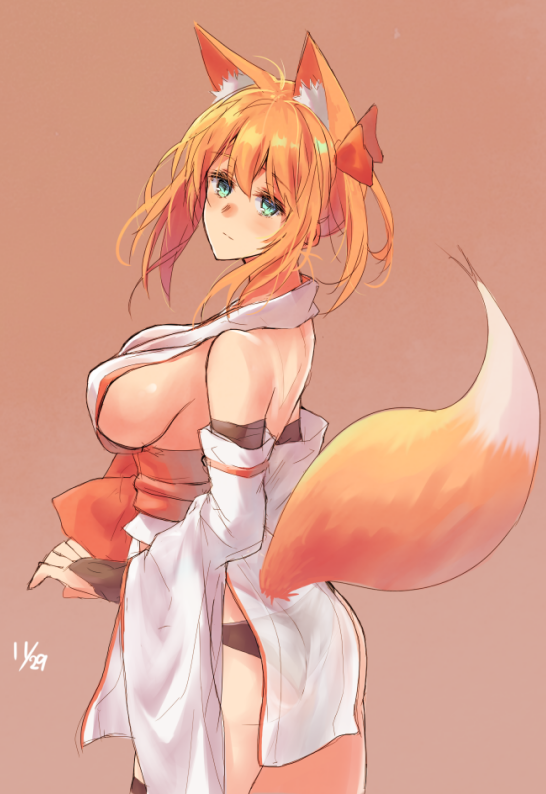 1girl :/ animal_ear_fluff animal_ears ass bangs bare_back bare_shoulders blush breasts closed_mouth cowboy_shot dated detached_sleeves fox_ears fox_girl fox_tail from_side green_eyes large_breasts long_sleeves looking_at_viewer looking_to_the_side medium_hair obi orange_(color) orange_background orange_hair original red_sash sash sawaya_(mizukazu) shoulder_blades sideboob solo standing tail tail_raised very_long_sleeves white_sleeves wide_sleeves