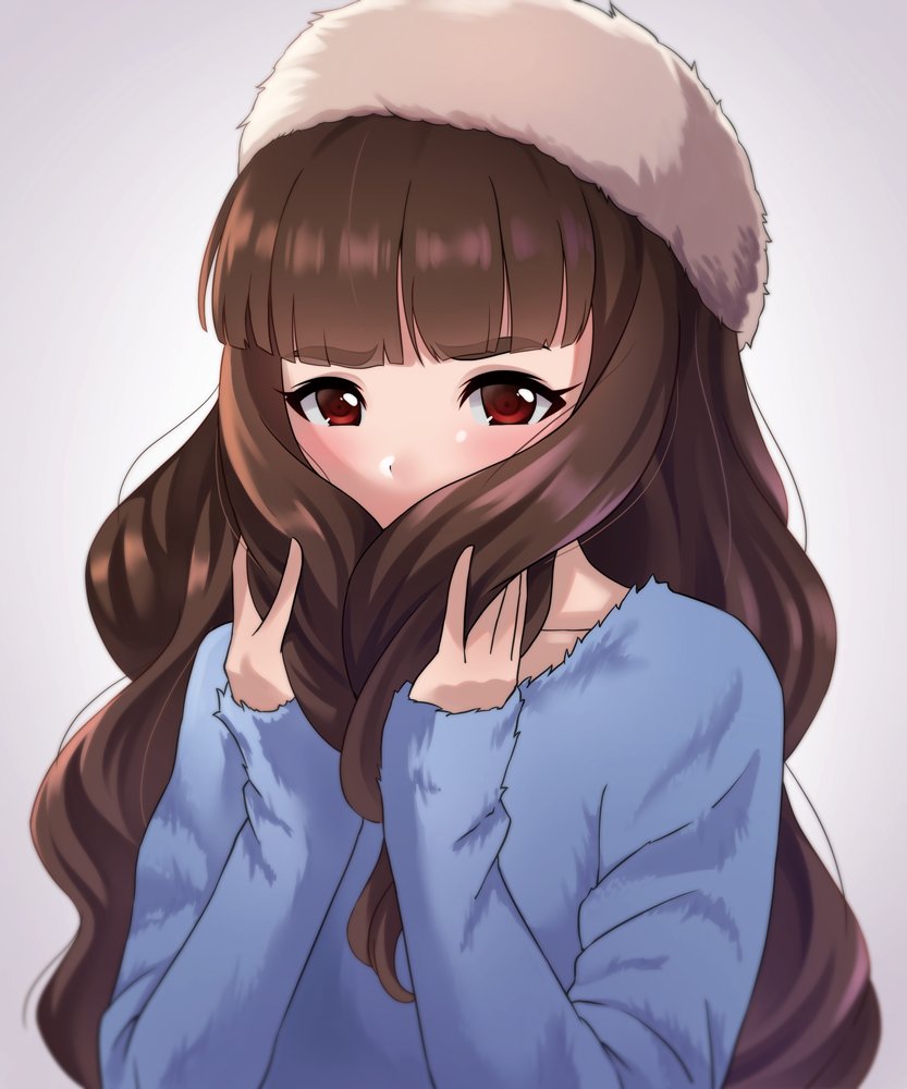 1girl artist_request bangs blush brown_hair collarbone covering_mouth hat idolmaster idolmaster_cinderella_girls kamiya_nao long_hair red_eyes sweater