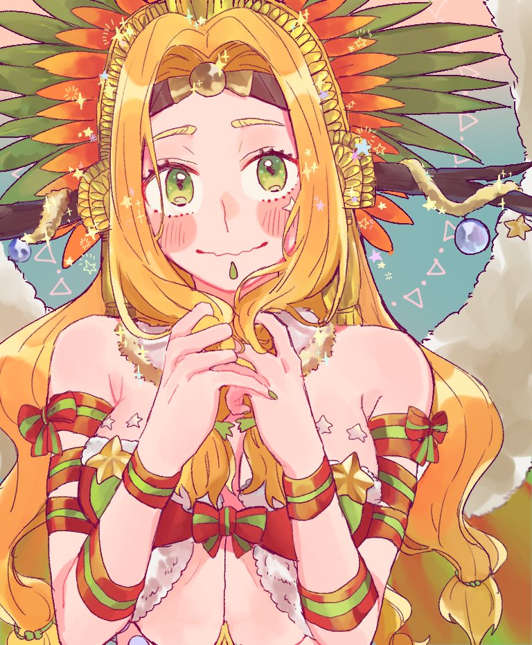 1girl bare_shoulders blonde_hair blush bow branch breast_squeeze breasts fate/grand_order fate_(series) fur_trim green_eyes green_nails large_breasts long_hair looking_at_viewer low-tied_long_hair nail_polish playing_with_own_hair quetzalcoatl_(fate/grand_order) quetzalcoatl_(samba_santa)_(fate) ribbon sparkle tagme