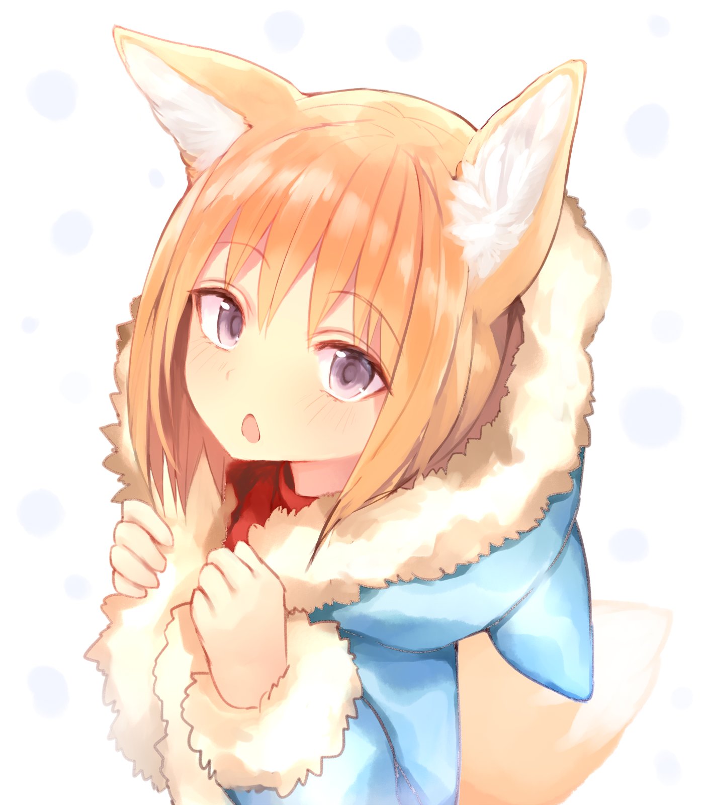 1girl animal_ear_fluff animal_ears animal_hood blonde_hair chestnut_mouth coat fox_ears fox_tail fur-trimmed_coat fur_trim highres hood hood_down hooded_coat long_sleeves looking_at_viewer looking_up open_mouth original sukemyon tail winter_clothes winter_coat