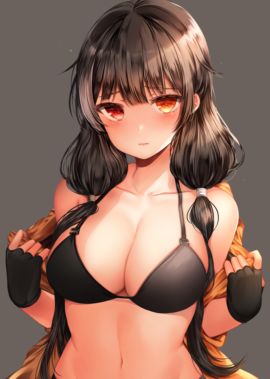 1girl bangs black_bra black_gloves black_hair blush bra breasts cleavage closed_mouth collarbone embarrassed eyebrows_visible_through_hair fingerless_gloves girls_frontline gloves grey_background hair_over_shoulder heterochromia highres jacket large_breasts long_hair looking_at_viewer multicolored_hair navel open_clothes open_jacket orange_eyes orange_jacket painteen red_eyes ro635_(girls_frontline) simple_background solo stomach streaked_hair twintails underwear undressing upper_body white_hair yellow_eyes