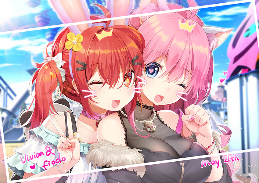 2girls ;d ahoge animal_ear_fluff animal_ears bare_shoulders blue_eyes cat_ears choker commentary eyebrows_visible_through_hair fake_animal_ears fang flower hair_flower hair_ornament hair_scrunchie hairband hairclip heart heart-shaped_pupils jewelry looking_at_viewer multiple_girls mvv nail_polish necklace one_eye_closed open_mouth original pink_choker pink_hair pink_nails rabbit_ears red_eyes red_nails redhead scrunchie smile symbol-shaped_pupils symbol_commentary v vivian_(mvv) white_scrunchie