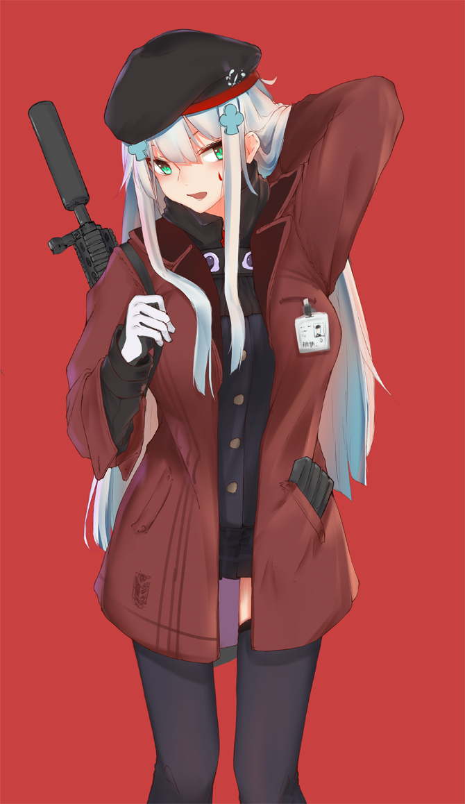 1girl assault_rifle bangs beret black_hat black_jacket black_legwear black_skirt blush brown_coat coat commentary facial_mark girls_frontline gloves green_eyes gun hair_between_eyes hat head_tilt heckler_&amp;_koch hk416 hk416_(girls_frontline) inniyik jacket long_hair long_sleeves object_namesake open_clothes open_coat parted_lips pleated_skirt red_background rifle silver_hair simple_background skirt solo suppressor thigh-highs very_long_hair weapon white_gloves