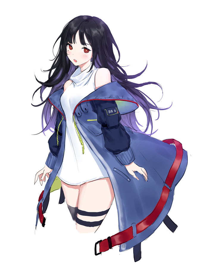 1girl :o asymmetrical_legwear black_hair black_legwear blue_coat blush brown_eyes c-ms_(girls_frontline) coat cowboy_shot cropped_legs dress floating_hair girls_frontline long_hair long_sleeves mole mole_under_eye multicolored_hair open_clothes open_coat purple_hair short_dress simple_background single_thighhigh siun sleeveless sleeveless_dress solo standing thigh-highs thigh_strap turtleneck_dress two-tone_hair very_long_hair white_background white_dress