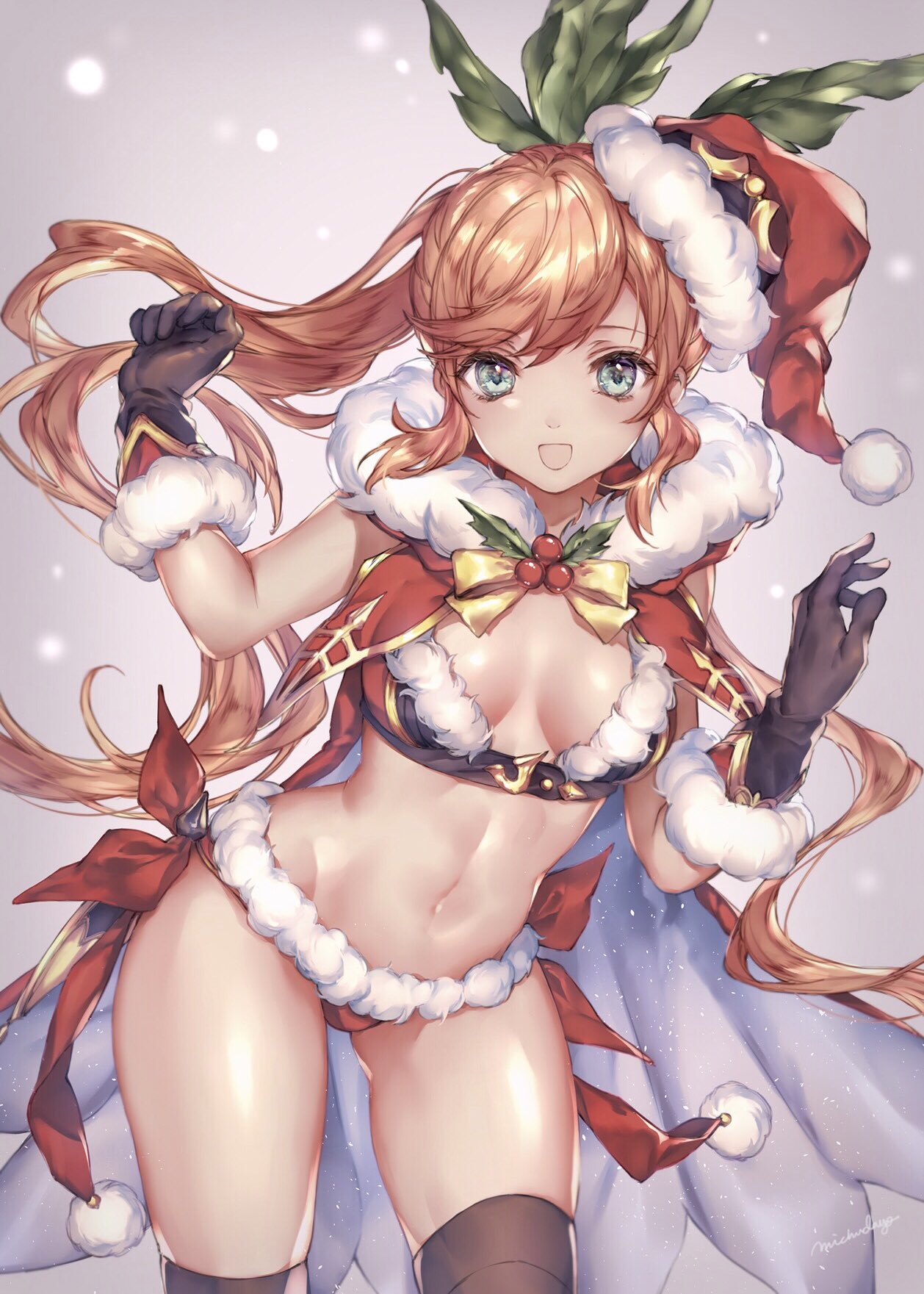 1girl aqua_eyes bangs bikini black_legwear blush breasts capelet clarisse_(granblue_fantasy) eyebrows_visible_through_hair floating_hair fur-trimmed_bikini fur-trimmed_capelet fur-trimmed_gloves fur_trim gloves granblue_fantasy hair_between_eyes hair_ribbon hands_up hat highres light_particles long_hair looking_at_viewer medium_breasts michudx midriff navel open_mouth orange_hair ponytail ribbon santa_costume santa_hat side-tie_bikini sidelocks smile solo swimsuit thigh-highs thighs