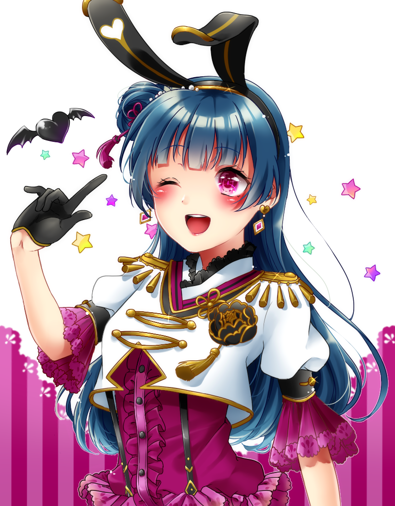 1girl ;d animal_ears bangs bat black_gloves black_hairband blue_hair blush dress_shirt earrings eyebrows_visible_through_hair fake_animal_ears gloves hair_bun hair_ornament hairband halloween_costume jewelry long_hair love_live! love_live!_sunshine!! one_eye_closed open_mouth purple_shirt rabbit_ears shiny shiny_hair shirt short_sleeves shuga_(0329tixi) smile solo sparkle suspenders tsushima_yoshiko upper_body violet_eyes white_background