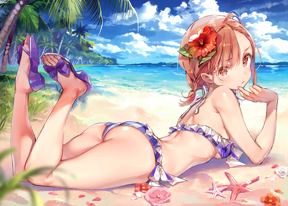 1girl ahoge ass bare_shoulders beach bikini blue_sky breasts brown_eyes brown_hair clouds commentary_request day dsmile flower frilled_bikini frills from_behind hair_flower hair_ornament hair_tie looking_at_viewer looking_back lying misaka_mikoto ocean on_stomach outdoors palm_tree plaid sand sandals shiny shiny_hair shiny_skin short_hair sky small_breasts solo spiky_hair swimsuit the_pose to_aru_kagaku_no_railgun to_aru_majutsu_no_index tree water