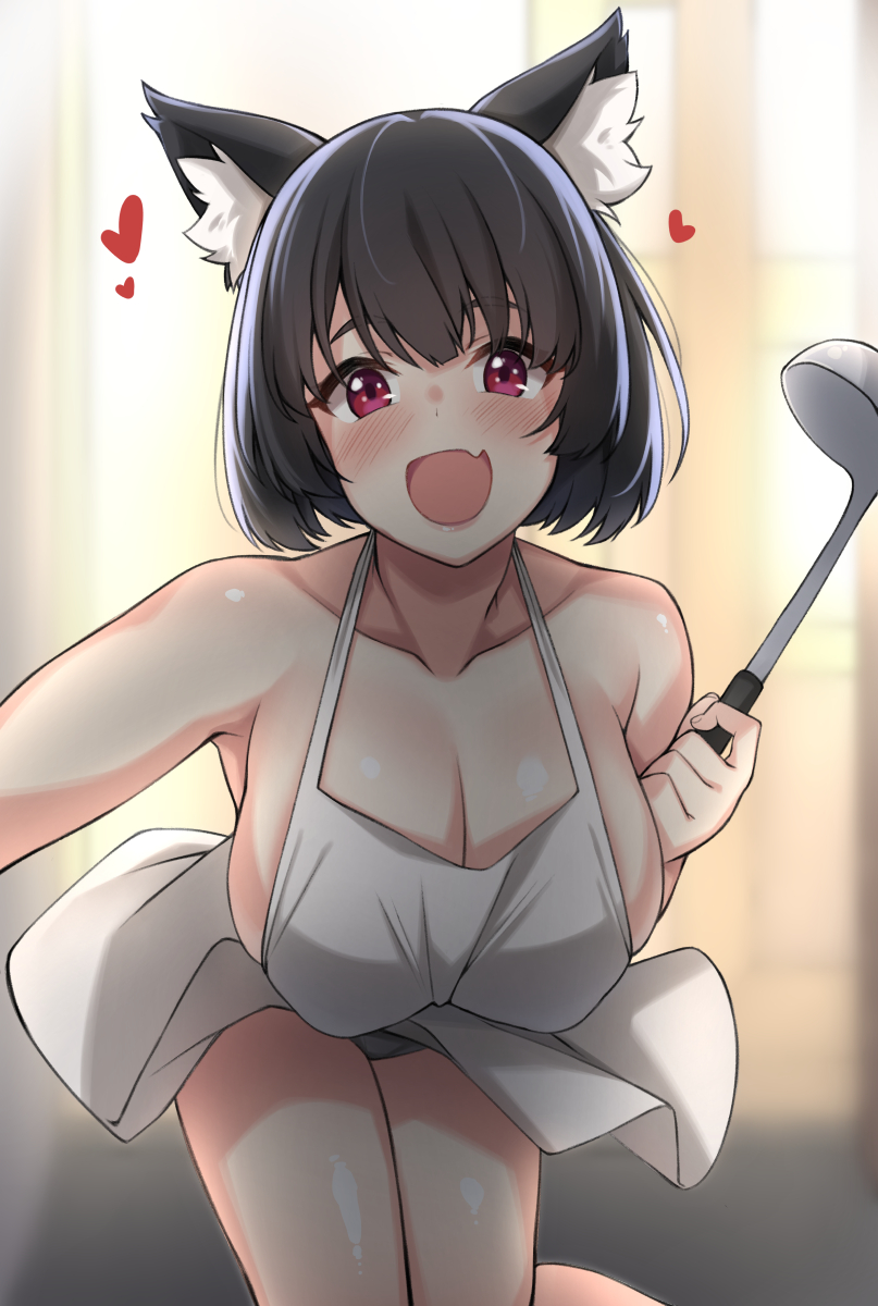 1girl animal_ears apron azur_lane bangs bare_shoulders black_hair blush cat_ears cleavage_cutout collarbone fang heart highres holding_ladle ladle leaning looking_at_viewer naked_apron open_mouth smile solo spicy_moo yamashiro_(azur_lane)