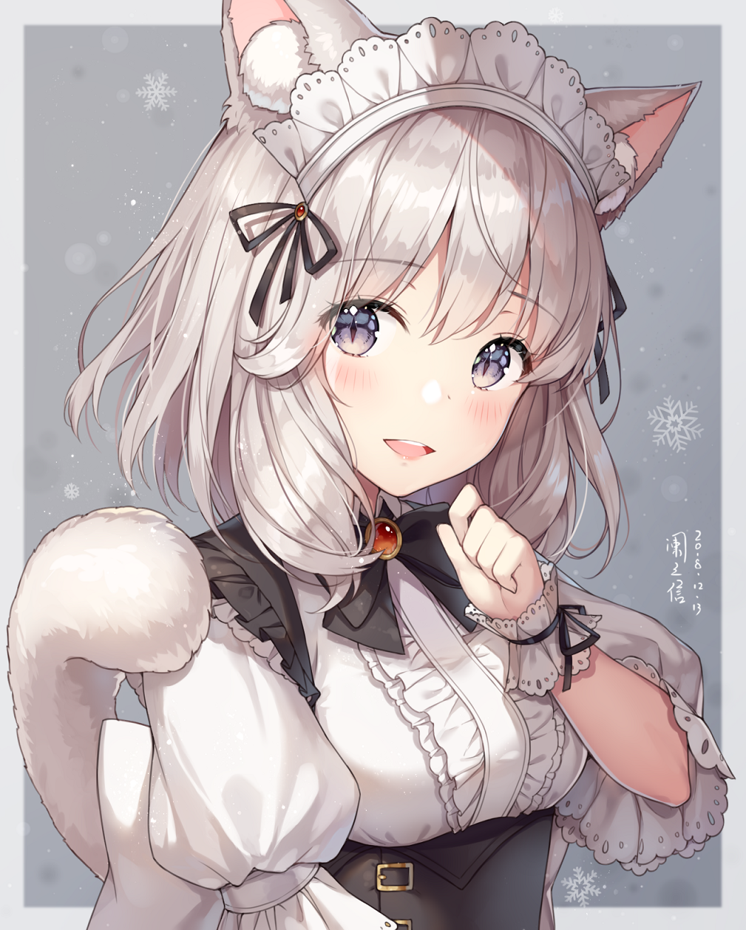 1girl :d animal_ear_fluff animal_ears ayuanlv bangs black_ribbon blue_eyes blush bow bowtie breasts brooch cat_ears cat_tail dated eyebrows_visible_through_hair final_fantasy final_fantasy_xiv hair_ribbon hand_up head_tilt highres jewelry looking_at_viewer maid_headdress medium_breasts miqo'te open_mouth puffy_short_sleeves puffy_sleeves ribbon shirt short_hair short_sleeves signature silver_hair slit_pupils smile snowflakes solo tail two-tone_background underbust upper_body upper_teeth white_shirt wrist_cuffs
