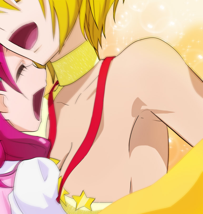 2girls :d ^_^ blonde_hair blurry breasts choker closed_eyes closed_eyes collarbone happy haruyama_kazunori hugtto!_precure kagayaki_homare multiple_girls nono_hana open_mouth pink_hair precure short_hair smile star yellow_choker