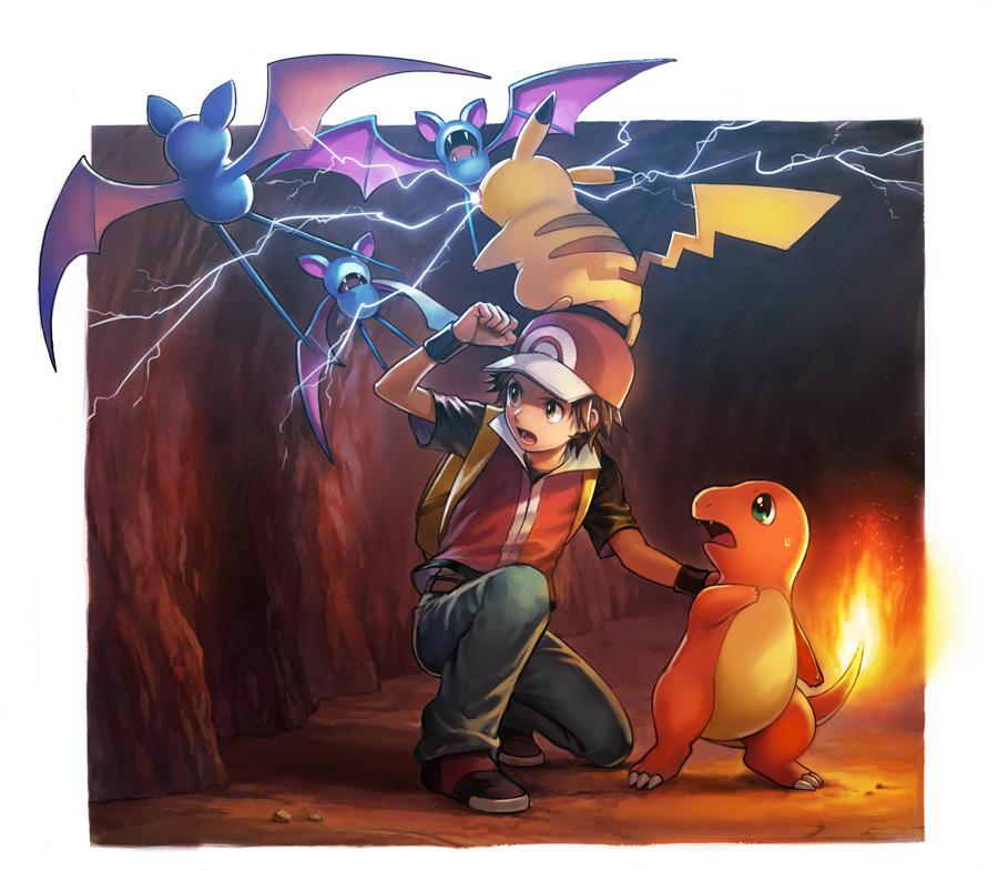 1boy backpack bag baseball_cap bat brown_hair cave charmander creatures_(company) denim electricity fangs fire game_freak gen_1_pokemon green_eyes hat jeans male_focus nintendo nona_(831korokke) open_mouth pants pikachu pokemon pokemon_(creature) pokemon_(game) pokemon_frlg red_(pokemon) red_(pokemon_frlg) short_sleeves wings zubat