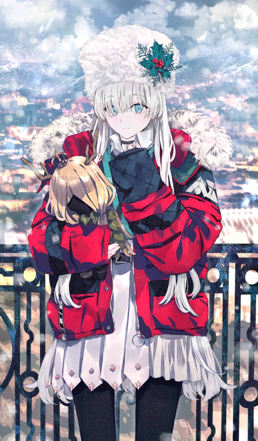 1girl alternate_costume anastasia_(fate/grand_order) blue_eyes choker commentary_request craft_essence doll down_jacket fate/grand_order fate_(series) fence fur-trimmed_jacket fur_hat fur_trim green_shirt hair_ornament hair_over_one_eye hat holding holding_doll holly_hair_ornament jacket official_art oversized_clothes pantyhose papakha ponkan_8 red_jacket shirt shvibzik_snow silver_hair skirt sleeves_past_wrists snowing white_skirt