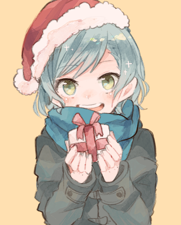 1girl :d aqua_hair bang_dream! bangs black_coat blue_scarf box christmas gift gift_box green_eyes hat hikawa_hina holding holding_gift incoming_gift itomugi-kun long_sleeves looking_at_viewer open_mouth orange_background santa_hat scarf short_hair simple_background smile solo swept_bangs upper_body