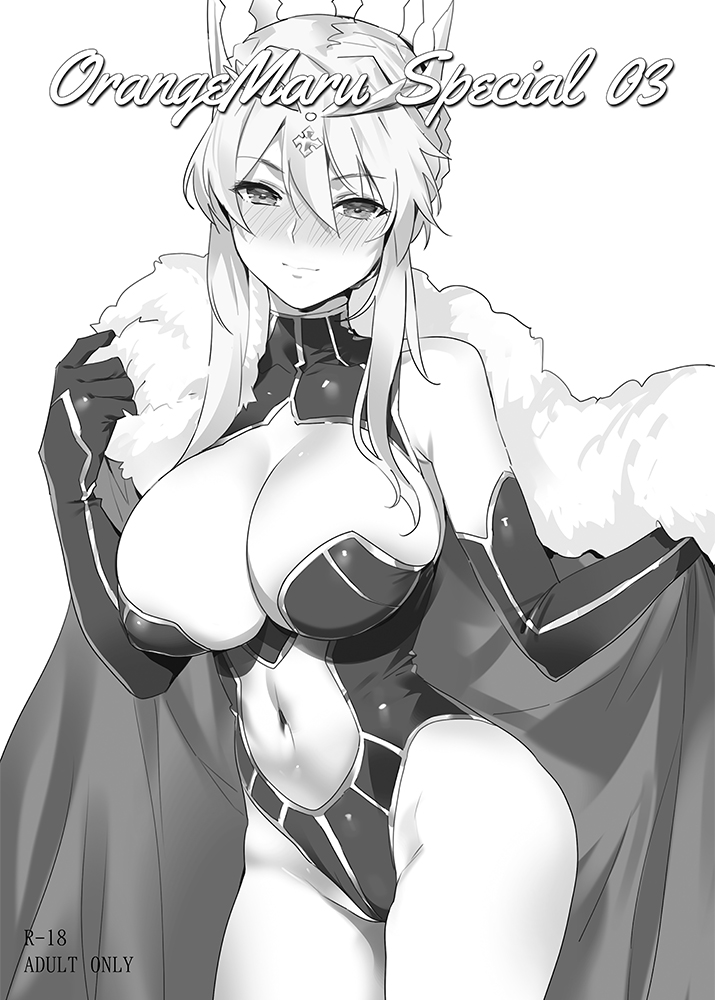 1girl artoria_pendragon_(all) artoria_pendragon_(lancer) blush braid breasts cape crown elbow_gloves fate/grand_order fate_(series) french_braid fur-trimmed_cape fur_trim gloves greyscale large_breasts leotard monochrome navel orange_maru solo