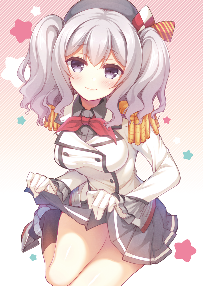 1girl bangs beret black_legwear black_skirt blush breasts buttons closed_mouth collared_shirt double-breasted epaulettes eyebrows_visible_through_hair frilled_sleeves frills gloves gradient gradient_background grey_shirt gunp hat head_tilt kantai_collection kashima_(kantai_collection) large_breasts long_hair long_sleeves looking_at_viewer military military_uniform miniskirt neckerchief pink_background pleated_skirt red_neckwear rudder_shoes shirt sidelocks silver_hair sitting skirt skirt_lift smile socks solo star striped striped_background taut_clothes taut_shirt twintails undershirt uniform violet_eyes wavy_hair white_background white_gloves white_shirt wing_collar yokozuwari