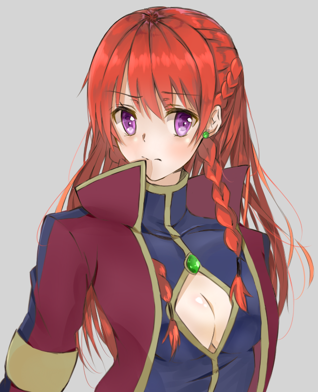 1girl braid breasts cleavage cleavage_cutout earrings eyebrows_visible_through_hair grey_background jacket jewelry long_hair looking_at_viewer medium_breasts re:creators red_jacket redhead sankee selesia_upitiria shiny shiny_hair simple_background single_braid solo upper_body