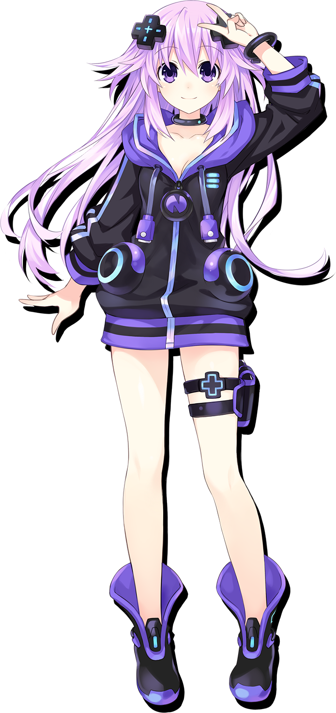 1girl adult_neptune boots bracelet collar collarbone d-pad d-pad_hair_ornament full_body hair_ornament highres hood hooded_track_jacket jacket jewelry long_hair looking_at_viewer neptune_(series) official_art purple_hair shin_jigen_game_neptune_vii smile solo standing thigh_strap track_jacket transparent_background tsunako v violet_eyes