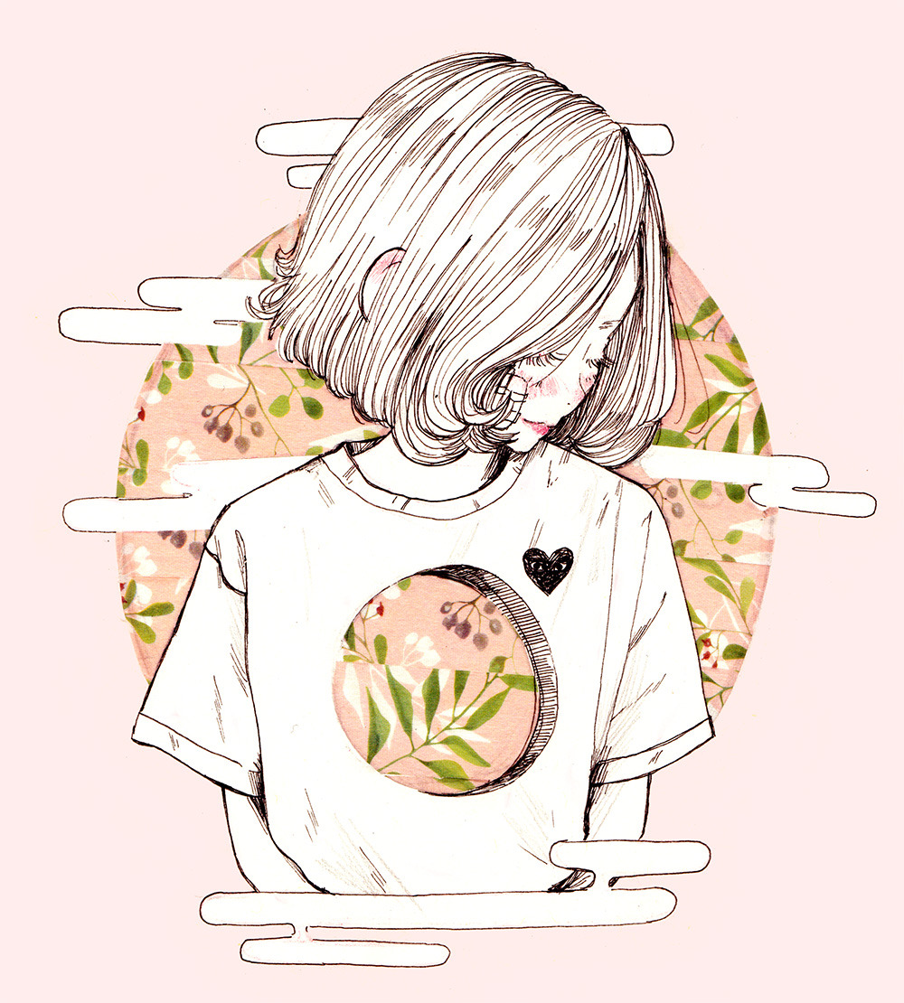 1girl blush closed_eyes crisalys cropped_torso egasumi heart hole hole_in_chest leaf lips looking_to_the_side medium_hair original pink_background plant shirt short_sleeves simple_background solo traditional_media upper_body white_hair white_shirt