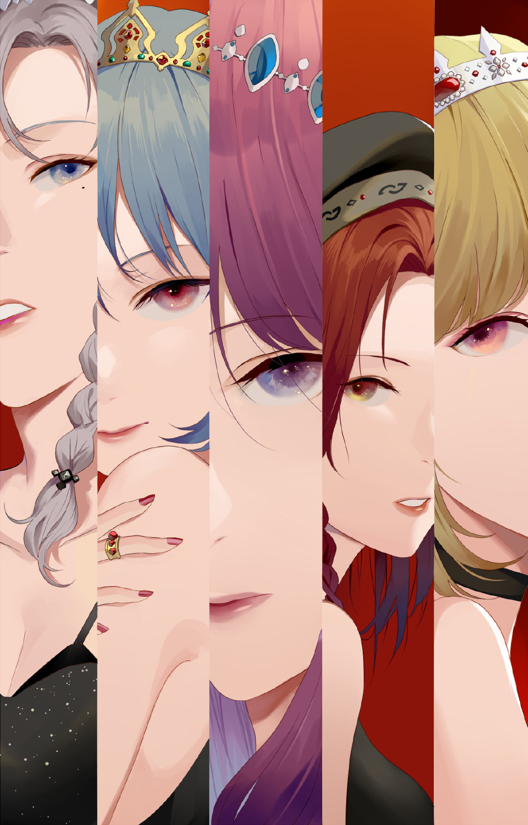 5girls alternate_costume alternate_eye_color bare_shoulders beret black_choker black_dress black_hat blonde_hair blue_eyes blue_hair braid breasts choker cleavage close-up collarbone column_lineup commentary dress eyeshadow flandre_scarlet forehead hat highres hillly_(maiwetea) hong_meiling izayoi_sakuya jewelry lipstick long_hair looking_at_viewer makeup medium_breasts mole mole_under_eye multiple_girls nail_polish parted_lips patchouli_knowledge pink_eyes pink_lipstick purple_hair red_background red_eyes red_lips red_nails redhead remilia_scarlet ring short_hair silver_hair simple_background spaghetti_strap tiara touhou upper_body violet_eyes yellow_eyes